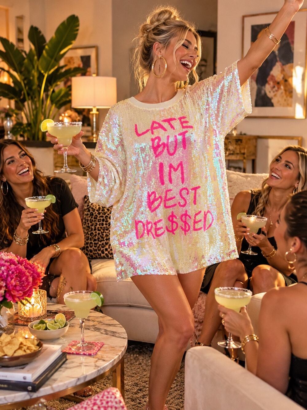 Late But I’m Best Dressed Sequin Tunic Top XL Iridescent Pink Oversized